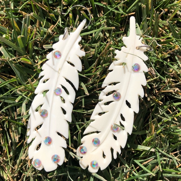 House Of Adornments Jewelry - Boho bone feather earrings with AB crystals